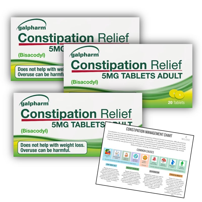 Constipation Relief for Adults Kit - 5mg Laxatives for Constipation x 60 Tablets Including Handy Wilosc Relief & Prevention Guide